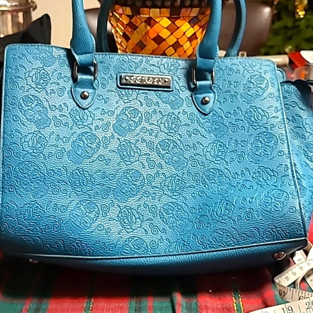 GG Rose skulls and roses leather teal purse shoulder